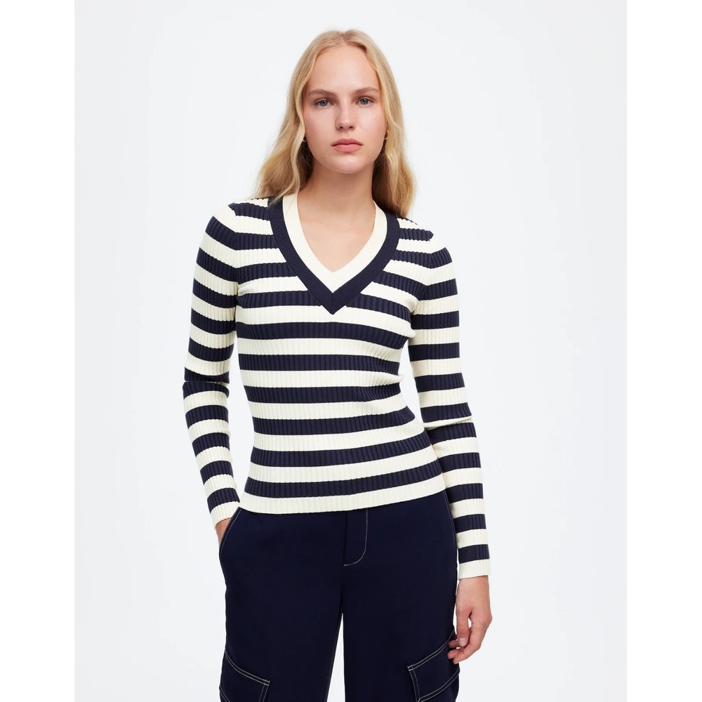 Madewell Stripe Sweater NWT Sz M Navy White V-Neck Ribbed Knit Nautical Preppy